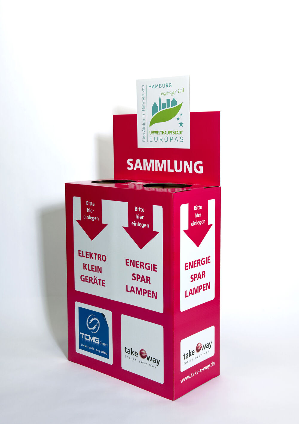 Die rote Sammelbox für Energiesparlampen und Elektrokleingeräte
